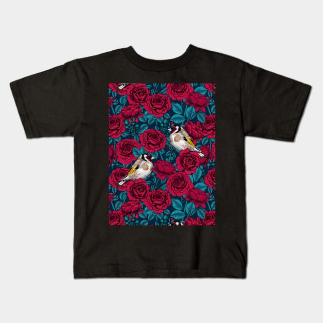 Red rose flowers and goldfinch birds Kids T-Shirt by katerinamk